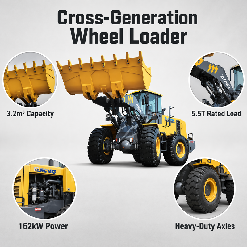 XCMG ZL50GN 5 टन फ्रंट एंड व्हील लोडर 3.2m³ बकेट कंस्ट्रक्शन हेवी ड्यूटी लोडर